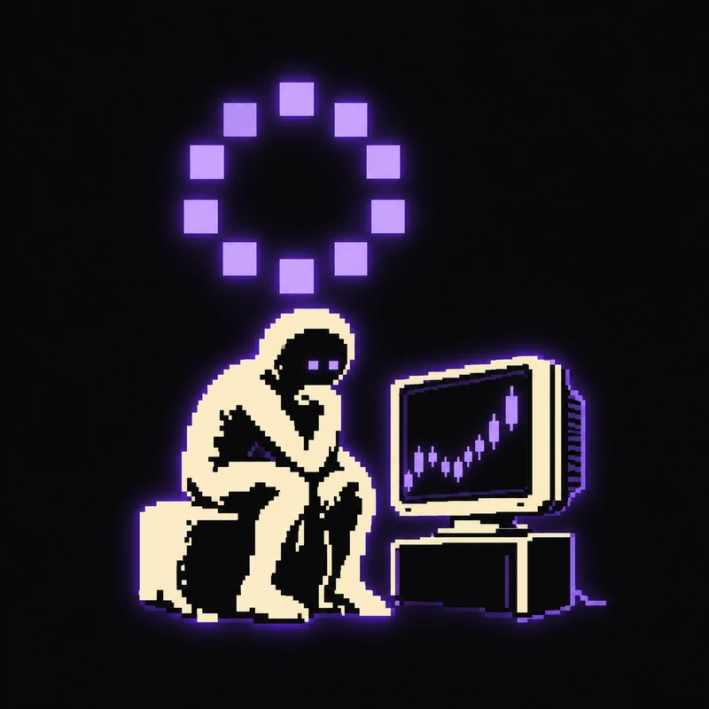 The thinker staring at a candle chart while the loading ring above him grows enormous