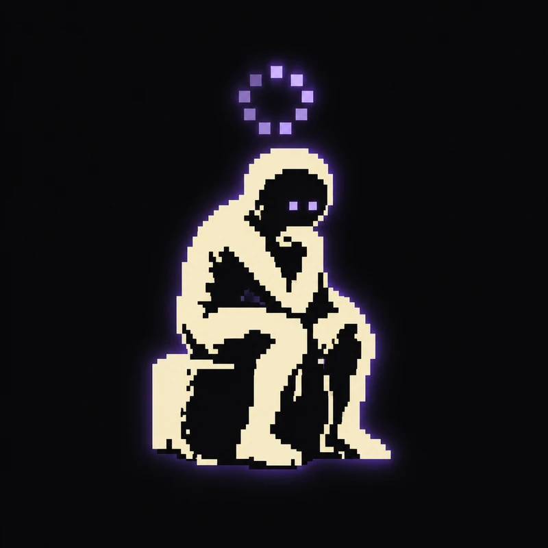 A cream pixel thinker on a cube, a loading ring where a halo should be