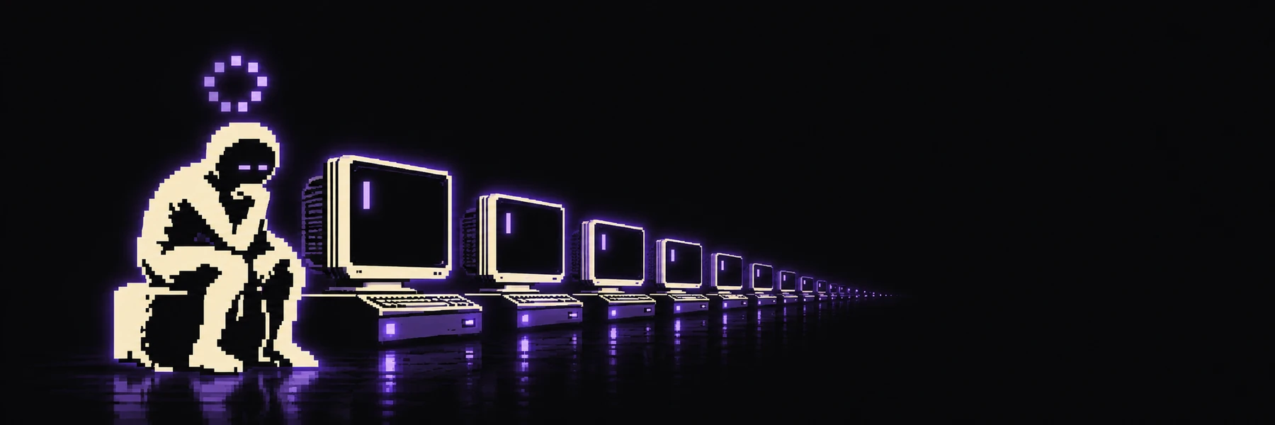 The thinker beside an endless row of glowing terminals, each one waiting on a cursor